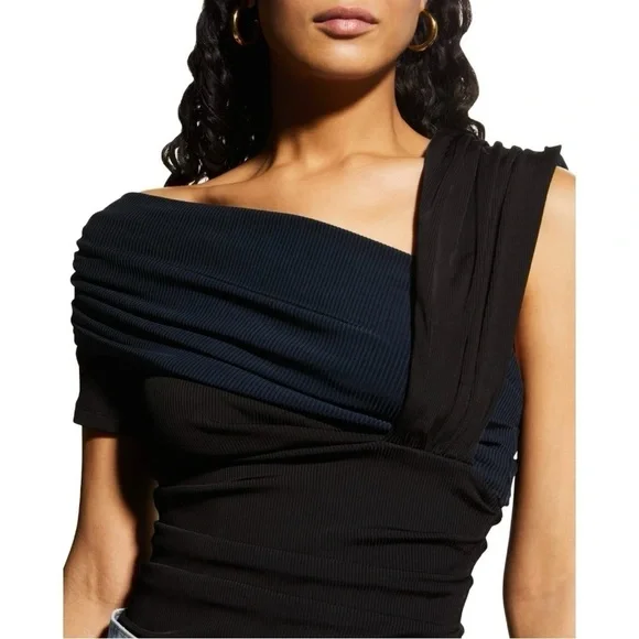 Goldsign Gelsey One-Shoulder Off the Shoulder 2-tone Ribbed Bodysuit Small NEW